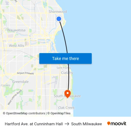 Hartford Ave. at Cunninham Hall to South Milwaukee map