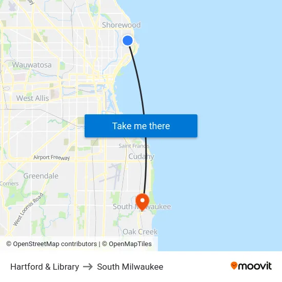 Hartford & Library to South Milwaukee map