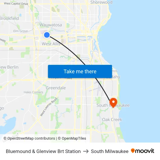 Bluemound & Glenview Brt Station to South Milwaukee map