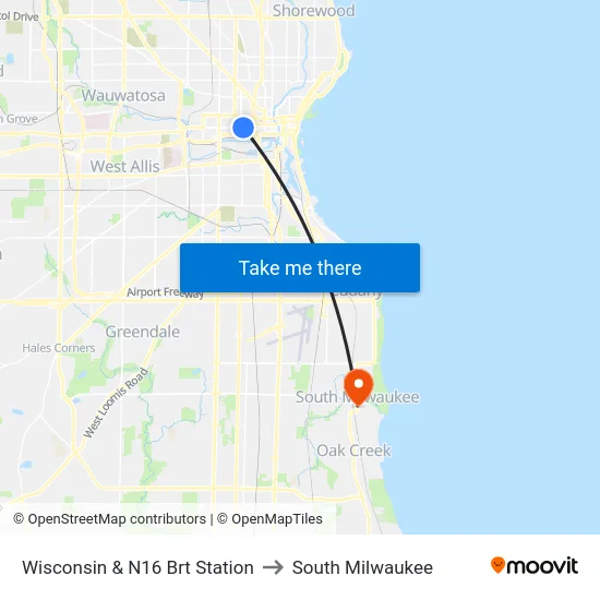 Wisconsin & N16 Brt Station to South Milwaukee map