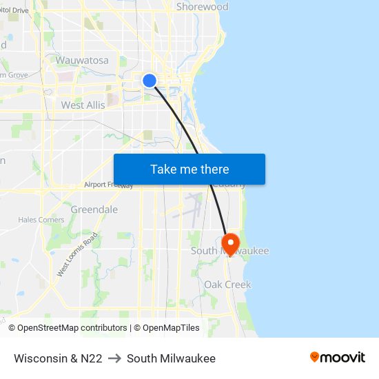 Wisconsin & N22 to South Milwaukee map