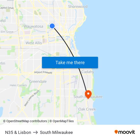 N35 & Lisbon to South Milwaukee map