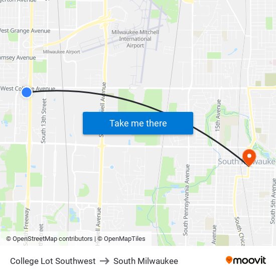 College Lot Southwest to South Milwaukee map