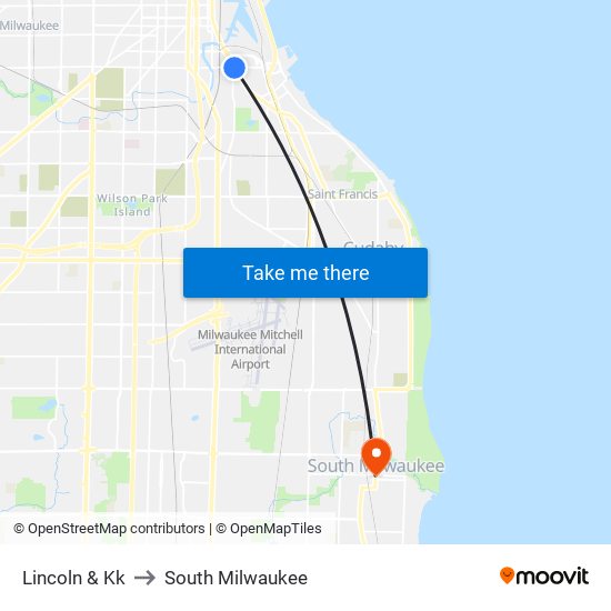 Lincoln & Kk to South Milwaukee map