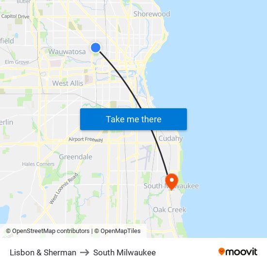 Lisbon & Sherman to South Milwaukee map