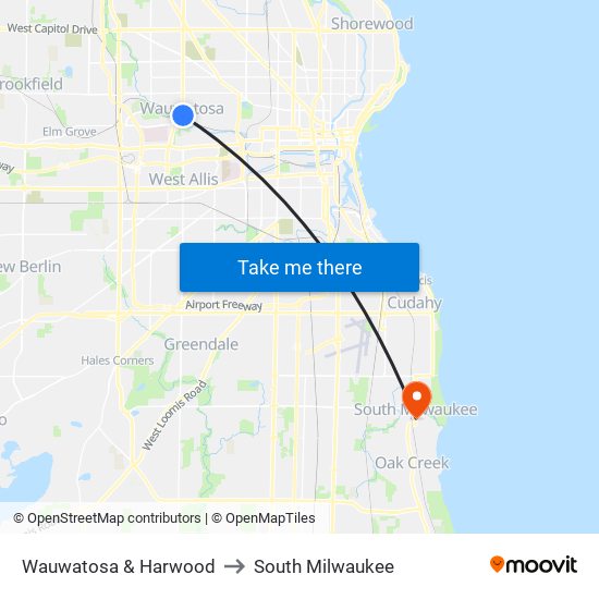 Wauwatosa & Harwood to South Milwaukee map