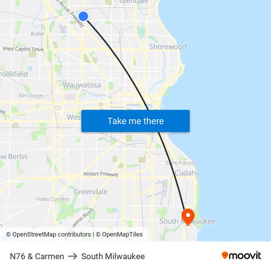 N76 & Carmen to South Milwaukee map