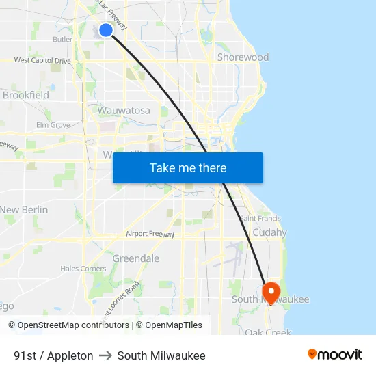 91st / Appleton to South Milwaukee map