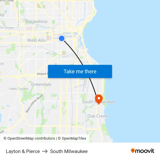 Layton & Pierce to South Milwaukee map