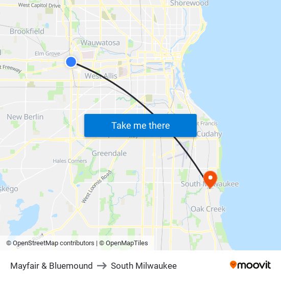 Mayfair & Bluemound to South Milwaukee map