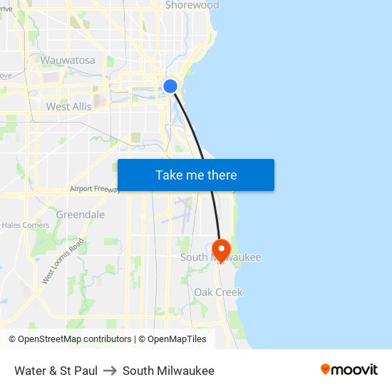 Water & St Paul to South Milwaukee map