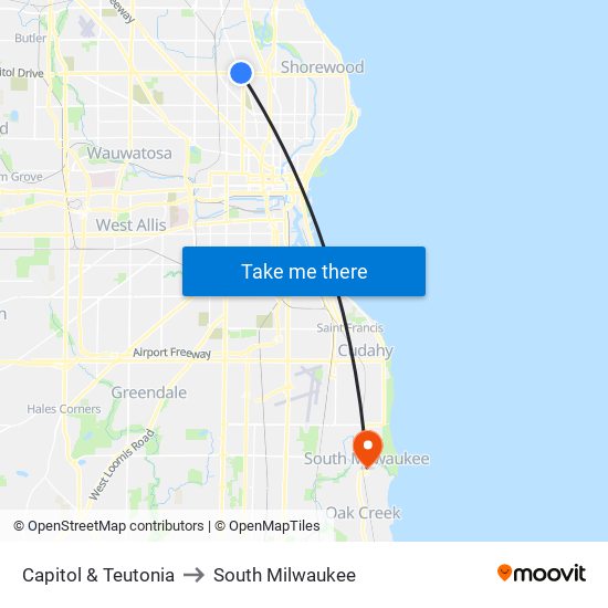 Capitol & Teutonia to South Milwaukee map