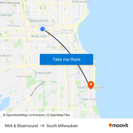 N68 & Bluemound to South Milwaukee map