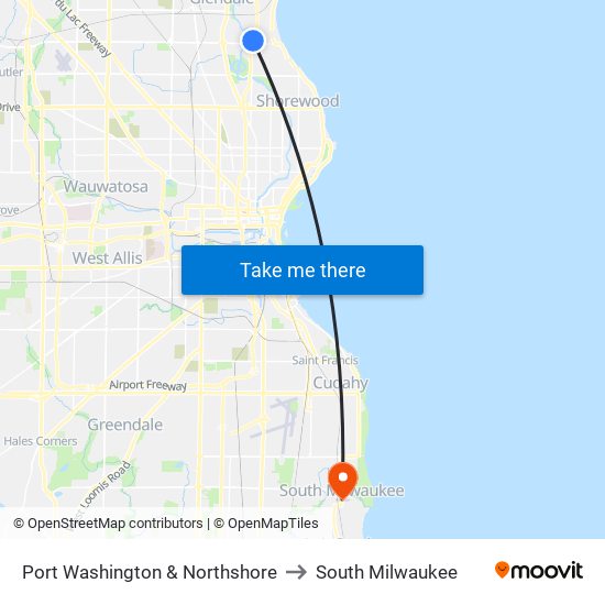 Port Washington & Northshore to South Milwaukee map