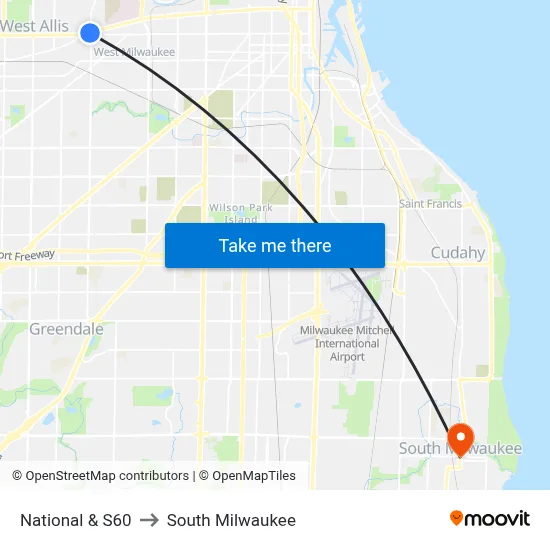 National & S60 to South Milwaukee map