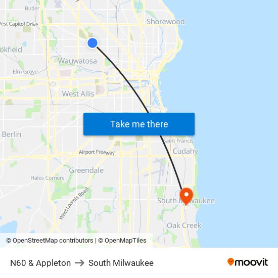 N60 & Appleton to South Milwaukee map