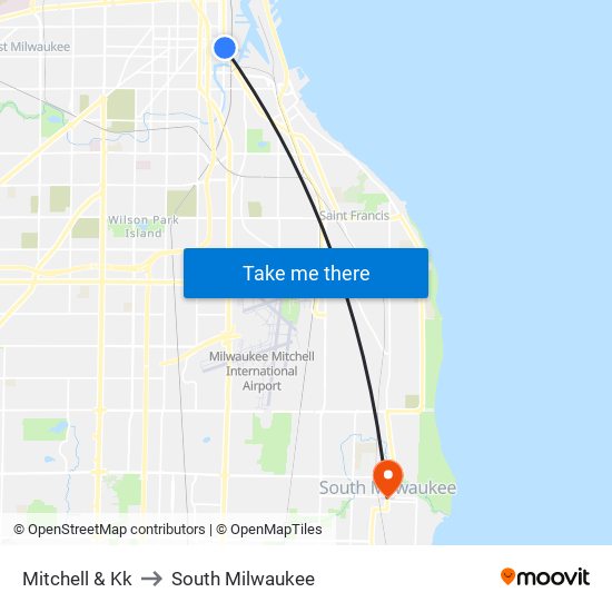 Mitchell & Kk to South Milwaukee map