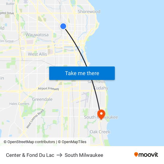 Center & Fond Du Lac to South Milwaukee map