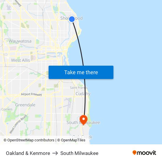 Oakland & Kenmore to South Milwaukee map