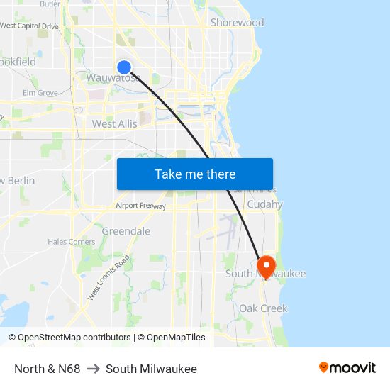 North & N68 to South Milwaukee map