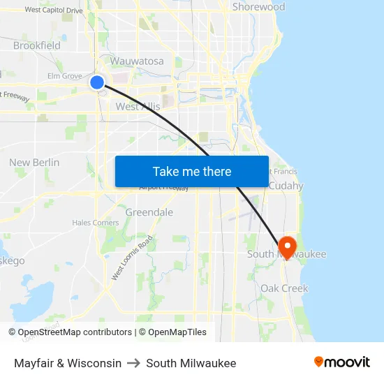 Mayfair & Wisconsin to South Milwaukee map