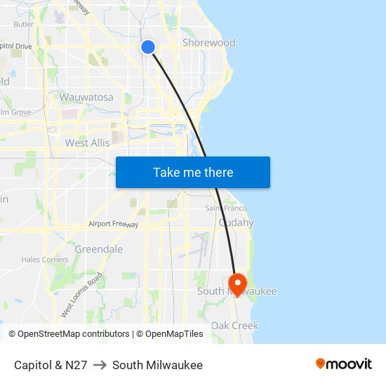 Capitol & N27 to South Milwaukee map