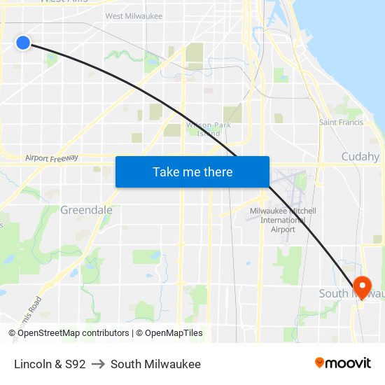 Lincoln & S92 to South Milwaukee map