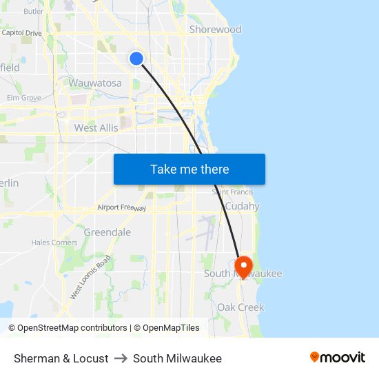 Sherman & Locust to South Milwaukee map