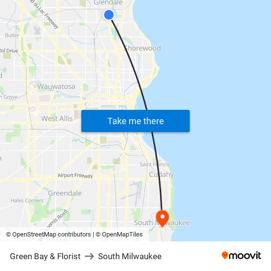 Green Bay & Florist to South Milwaukee map