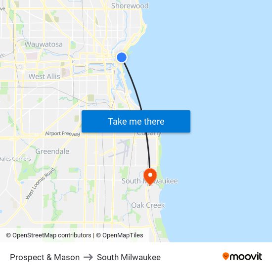 Prospect & Mason to South Milwaukee map