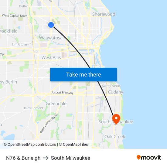 N76 & Burleigh to South Milwaukee map