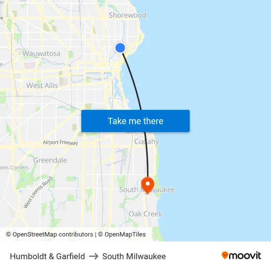 Humboldt & Garfield to South Milwaukee map