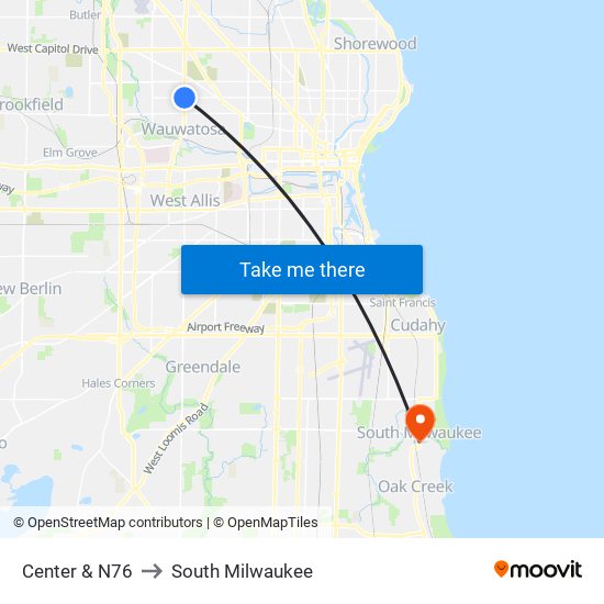 Center & N76 to South Milwaukee map