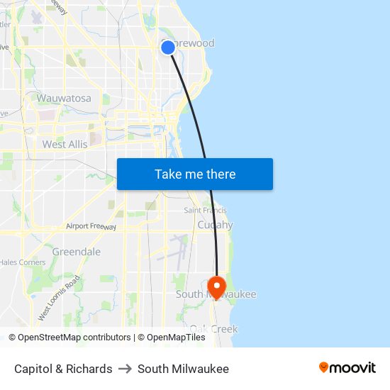 Capitol & Richards to South Milwaukee map