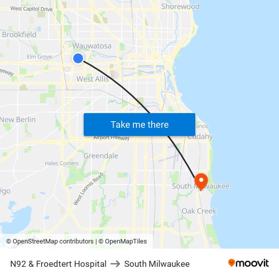 N92 & Froedtert Hospital to South Milwaukee map