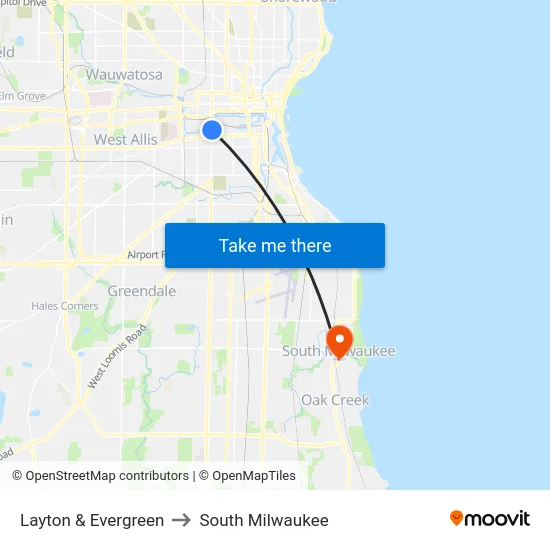 Layton & Evergreen to South Milwaukee map