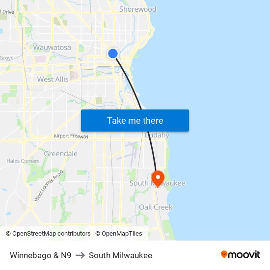 Winnebago & N9 to South Milwaukee map