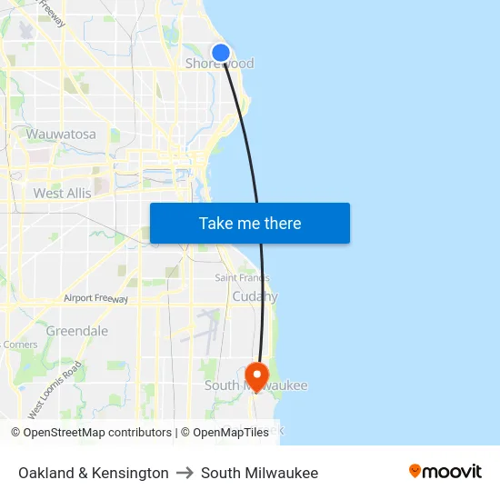 Oakland & Kensington to South Milwaukee map