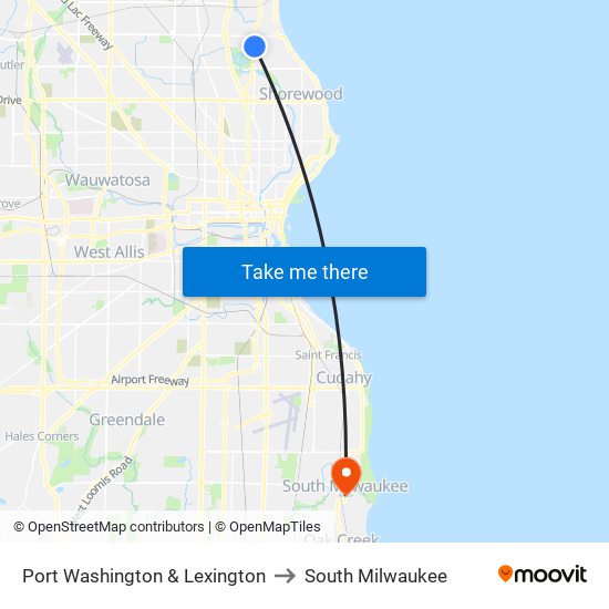 Port Washington & Lexington to South Milwaukee map