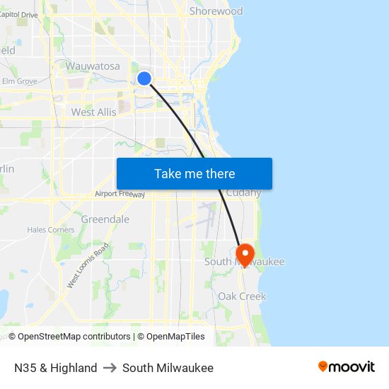 N35 & Highland to South Milwaukee map