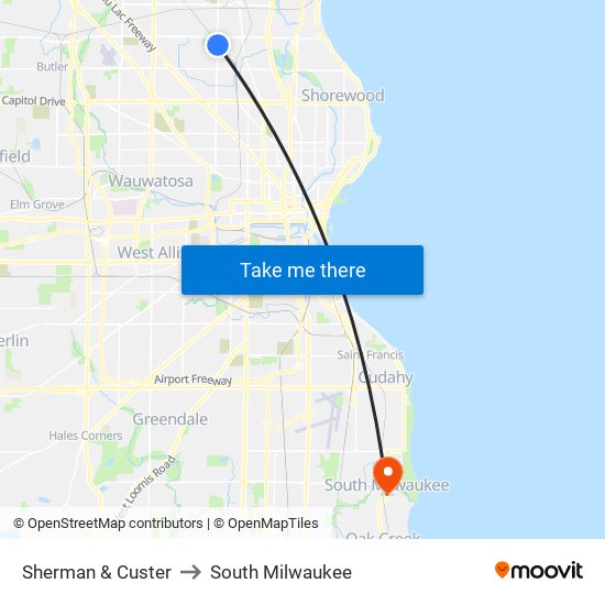 Sherman & Custer to South Milwaukee map