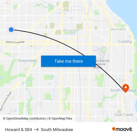 Howard & S84 to South Milwaukee map