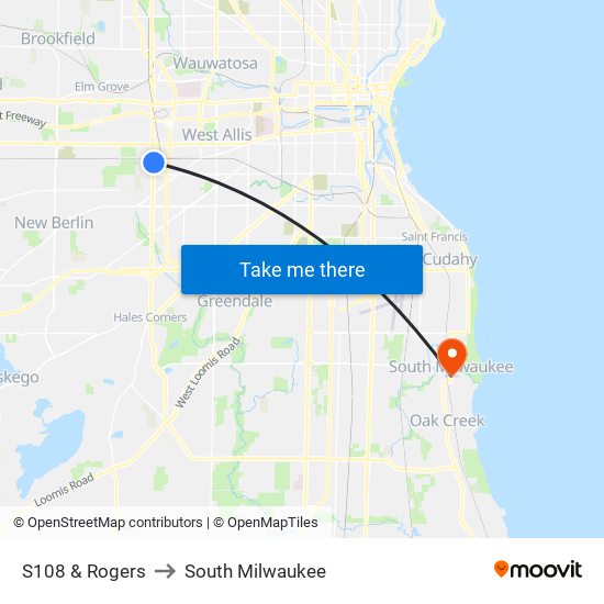 S108 & Rogers to South Milwaukee map