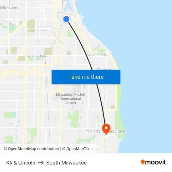 Kk & Lincoln to South Milwaukee map