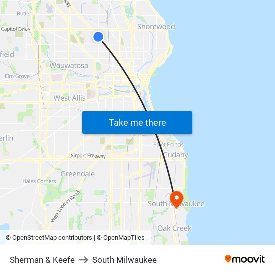 Sherman & Keefe to South Milwaukee map