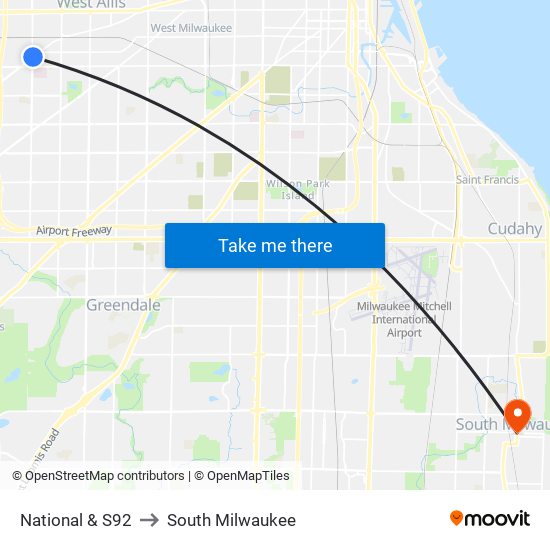 National & S92 to South Milwaukee map