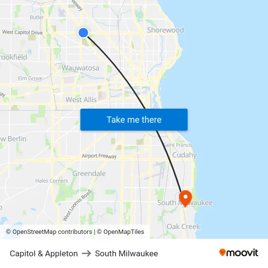 Capitol & Appleton to South Milwaukee map