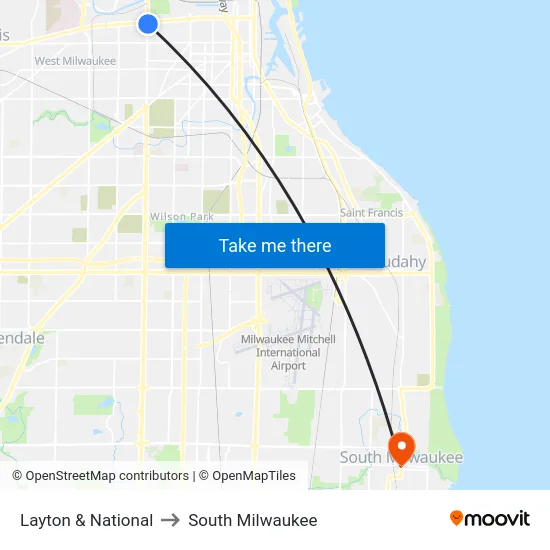 Layton & National to South Milwaukee map