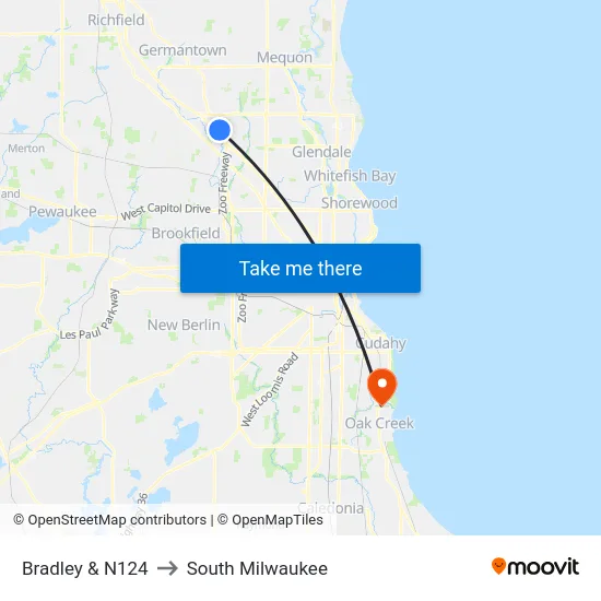 Bradley & N124 to South Milwaukee map