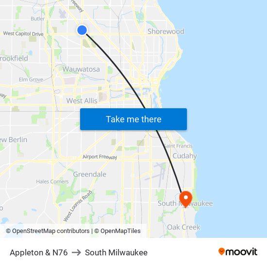 Appleton & N76 to South Milwaukee map